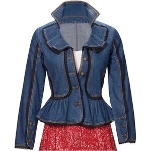 The Paragon Diva Denim Ruffle Jacket Small Peplum Lace Trim Flared Sleeves